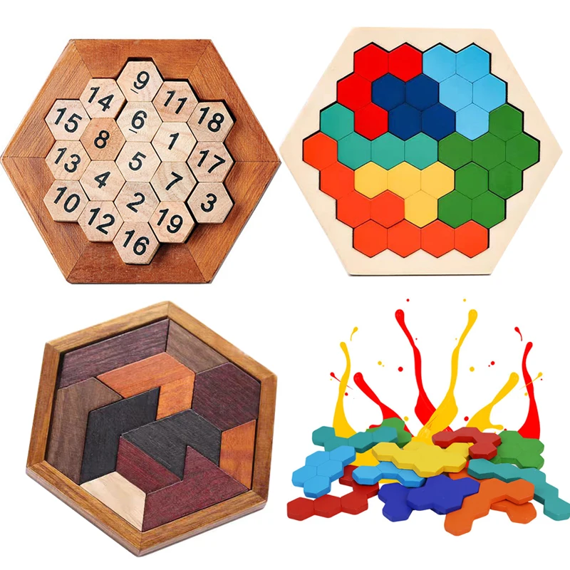

Wooden Hexagon Puzzle Geometric Challenge Brain Teaser Tangram Jigsaw Montessori Educational Gift IQ Toys For Kids Adults
