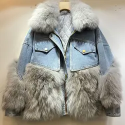 2023 winter new fox fur denim patchwork fur coat women parka down jacket female loose midi length thick warm outerwear Y3286