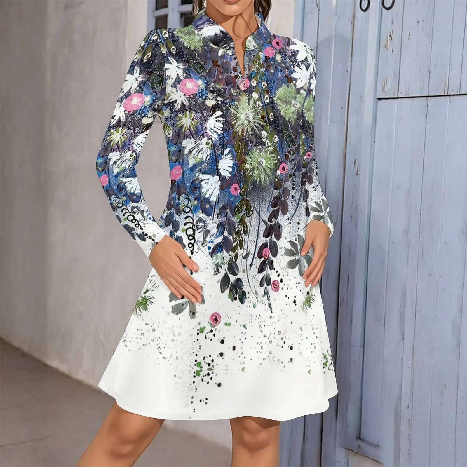 Spring Summer New Women's Stand Collar Printed Long-sleeved Dress Commuting Beach Vacation Elegant Knee-length Skirt