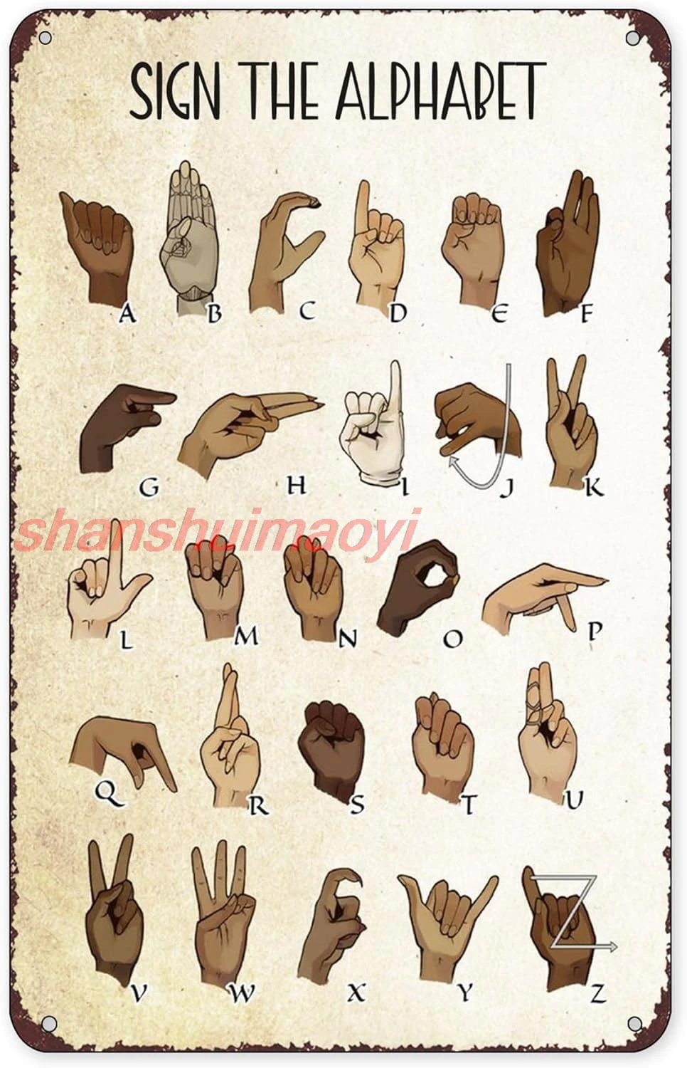 Vintage Metal Tin Sign American Sign Language Alphabet Educational ABC Playroom Wall Art Boho Classroom Decor Homeschoo sha sign