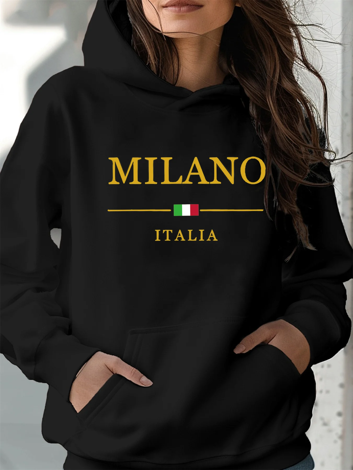Women's autumn and winter warm and loose casual MILANO ITALIA pattern printed suede long sleeved hooded sweatshirt
