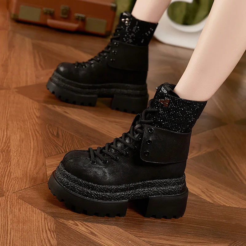 Fashionable Women's Winter New Style Rhinestone Short Boots Versatile with Plush Keep Warm and Internal Elevation 9CM Boots