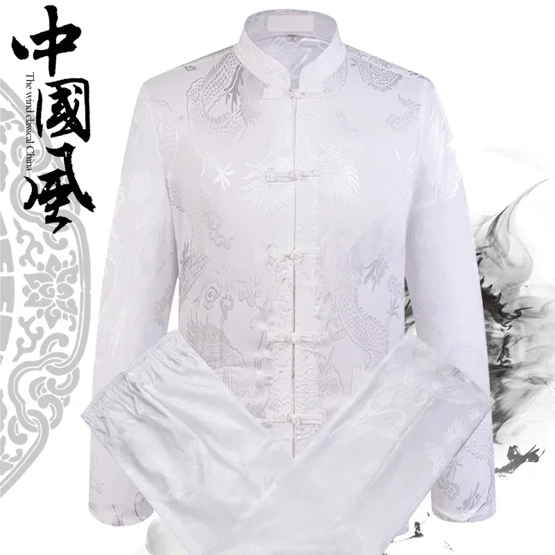 السنة الجديدة الصينية التقليدية الرجال تانغ البدلة مجموعات طويلة الأكمام قميص السراويل التنين الكونغ فو دعوى عالية الجودة الحرير وو شو تاي تشي مجموعات #4