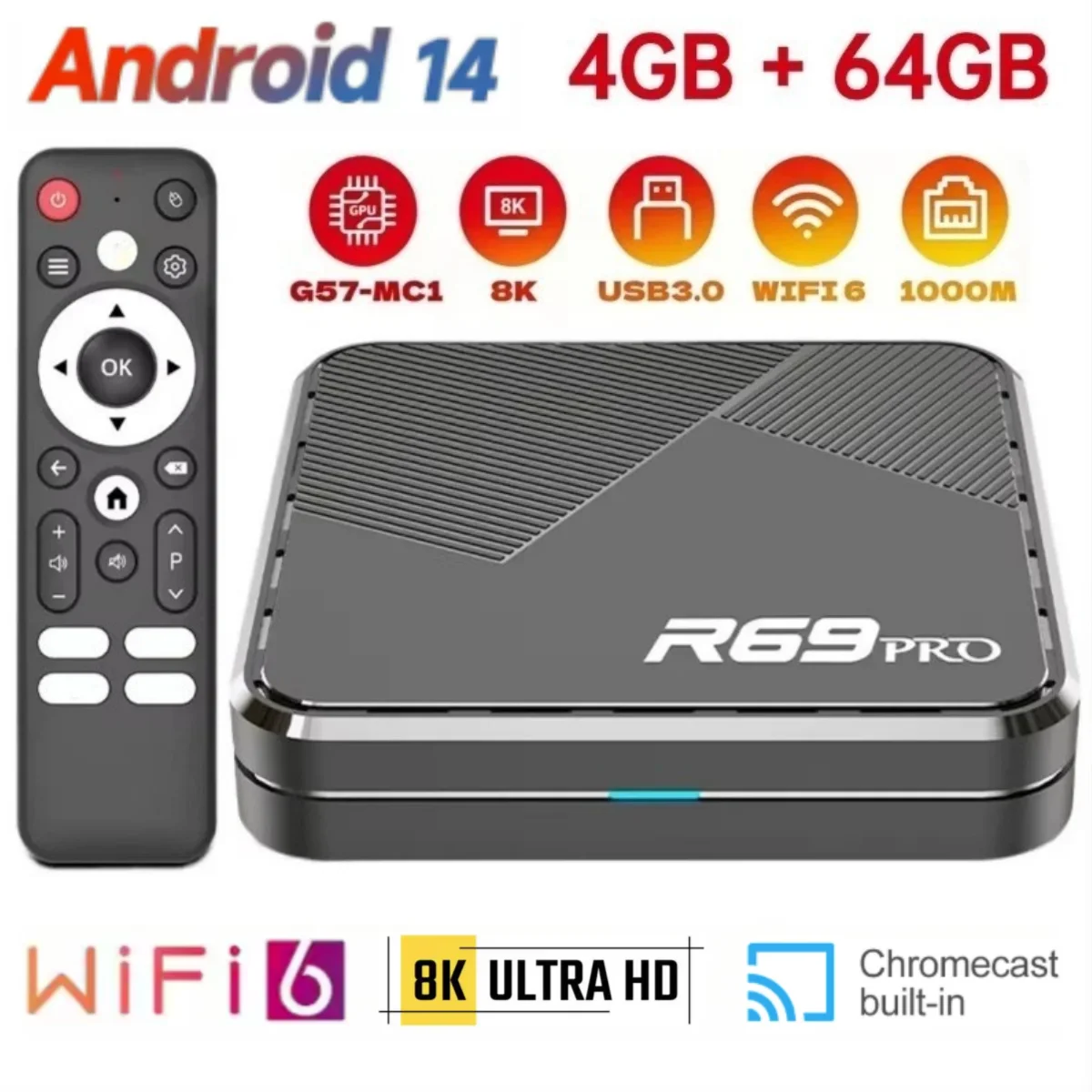 R69 PRO Ultra HD 8K Set-Top-Box Android 14 Allwinner H728 WiFi 6 1000M LAN Bluetooth 5.0 Heimkino-Mediaplayer Smart TV Box