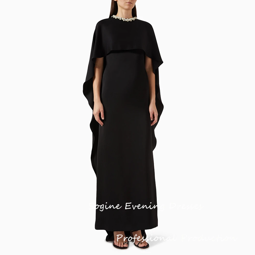 

Black Chiffon Customized Cap Sleeve فساتين سهرة With Pearls-Embellished Evening Dresses Long Shawl Ankle-Length Gowns