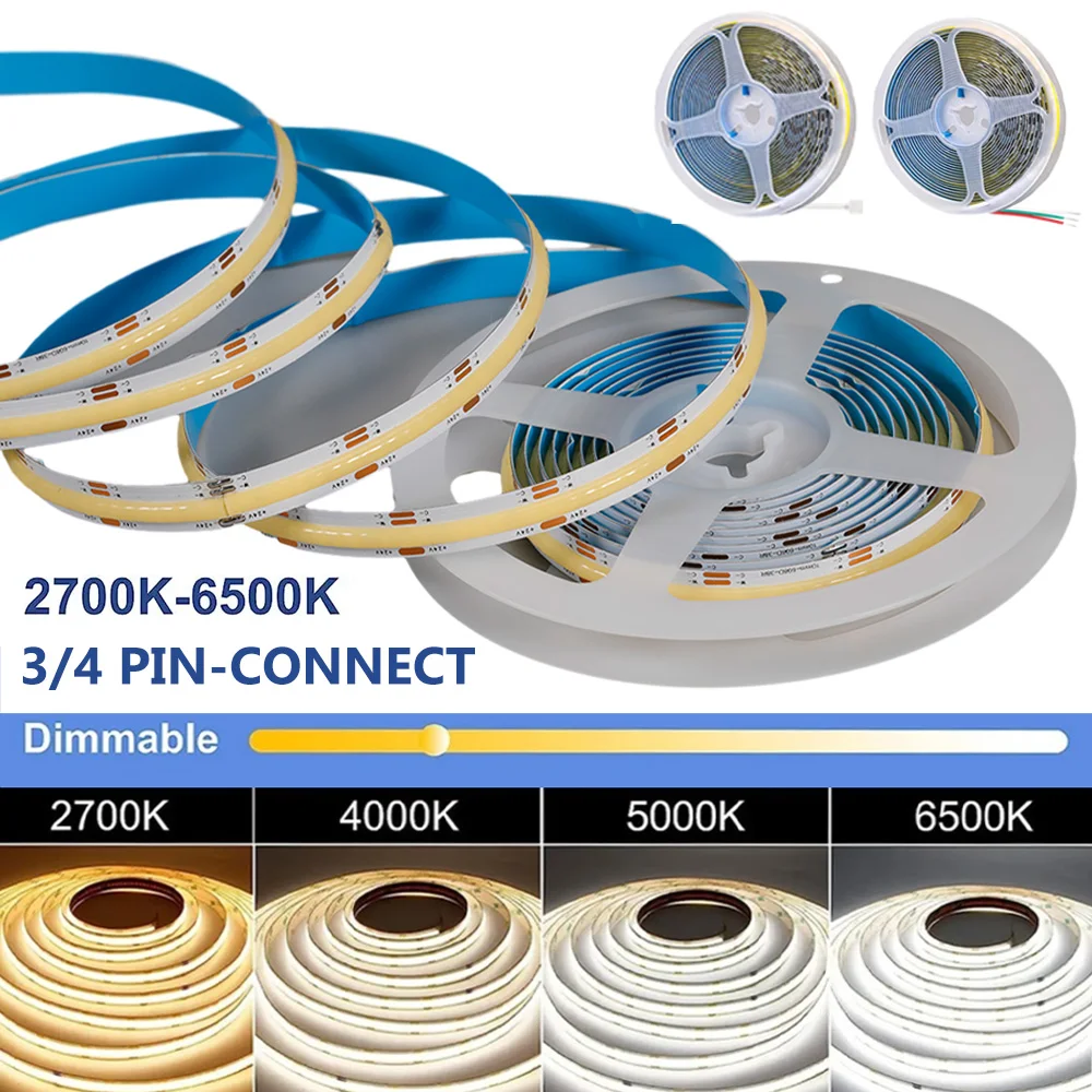 

DC24V 1M-10M CCT COB FOB Светодиодная лента 608LEDs/M Гибкая лента с регулируемой яркостью 2700K-6500K Теплая/белая светодиодная лента RA90 Лампа для домашнего декора