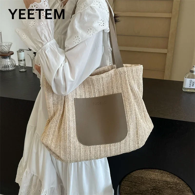 

Summer Beach Tote Bag Commuter Shoulder Big Bag Korean Version Fashionable Simple Straw Woven Tote Bag Large Capacity Casual