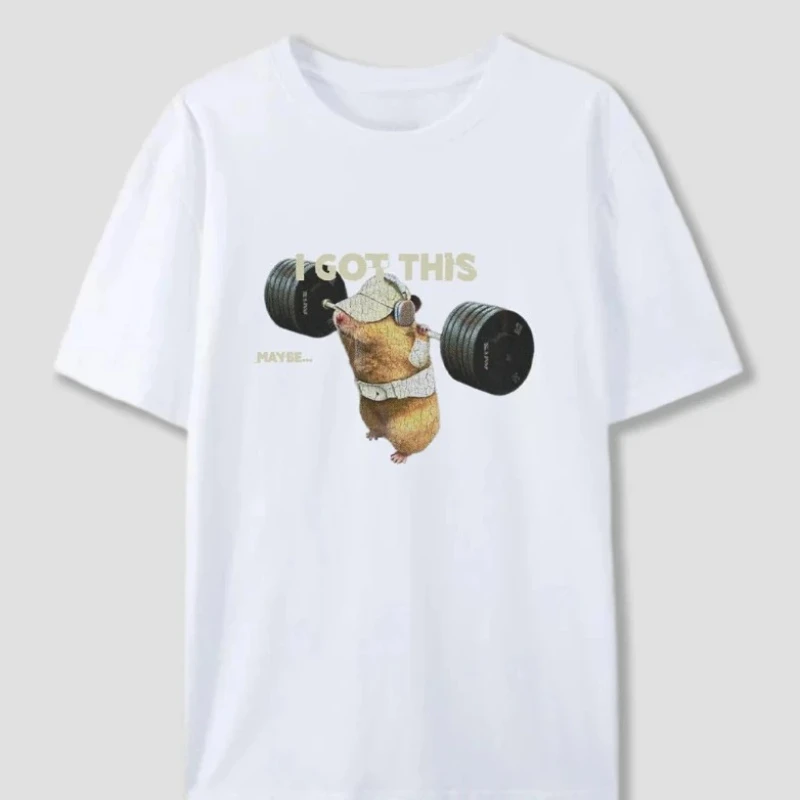 Korean Style Funny Gym Hamster Weightlifting Graphic Top Women Cute Workout Meme Casual Streetwear Versatile Short-sleeved Tops