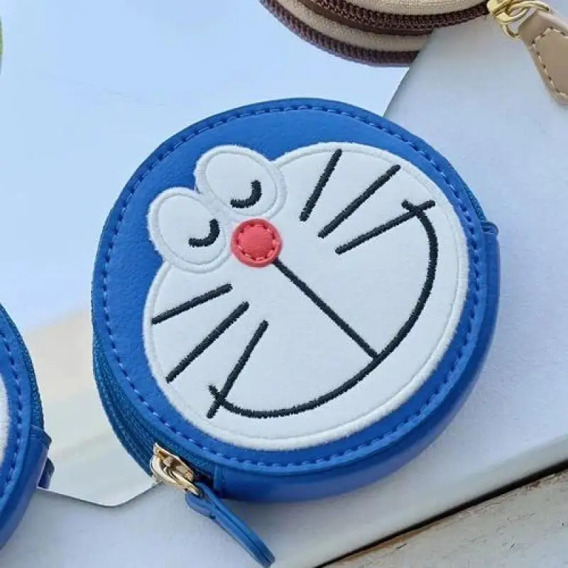 Doraemon Dorami Pu Embroidery Blink Mini Circle Shape Zipper Style Coin Storage Wallet Portable Earphone Data Cable Storage Bag