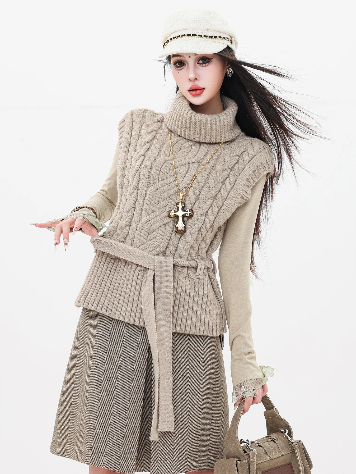 

Оригинальный ретро-свитер ABWLR с высоким воротником, женский, осенне-зимний, с поясом на талии, вязаный жилет, винтажный, с длинными рукавами