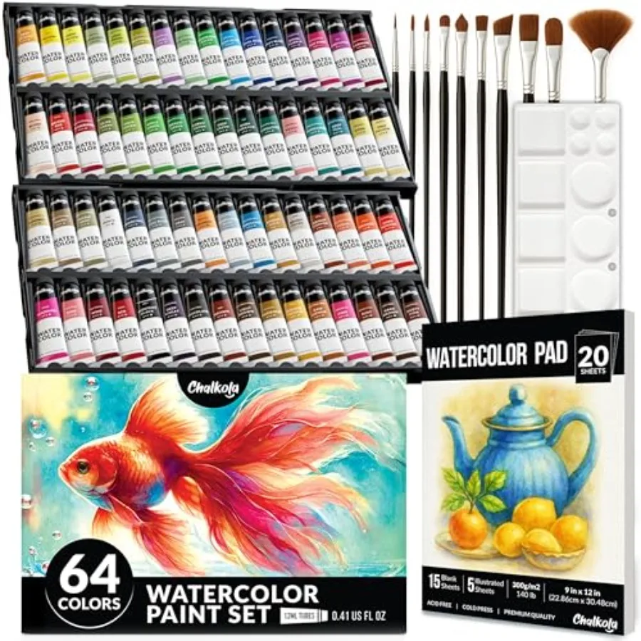 

Watercolor Paint Set - 64 Water Color Paint Tubes 12ml 0.4oz 10 Painting Brushes and 1 Palette 20 WaterColor Pad Art Supplies f