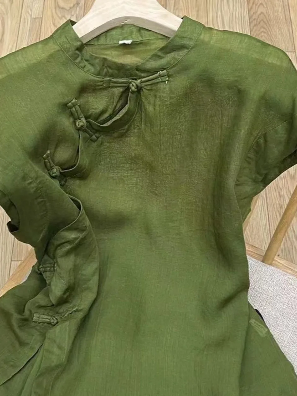 Chinese Sle Vintage Pure Color Flax irt Women Summer Asymmetrical Button up Slimming Top Commute Faion Loose Fit