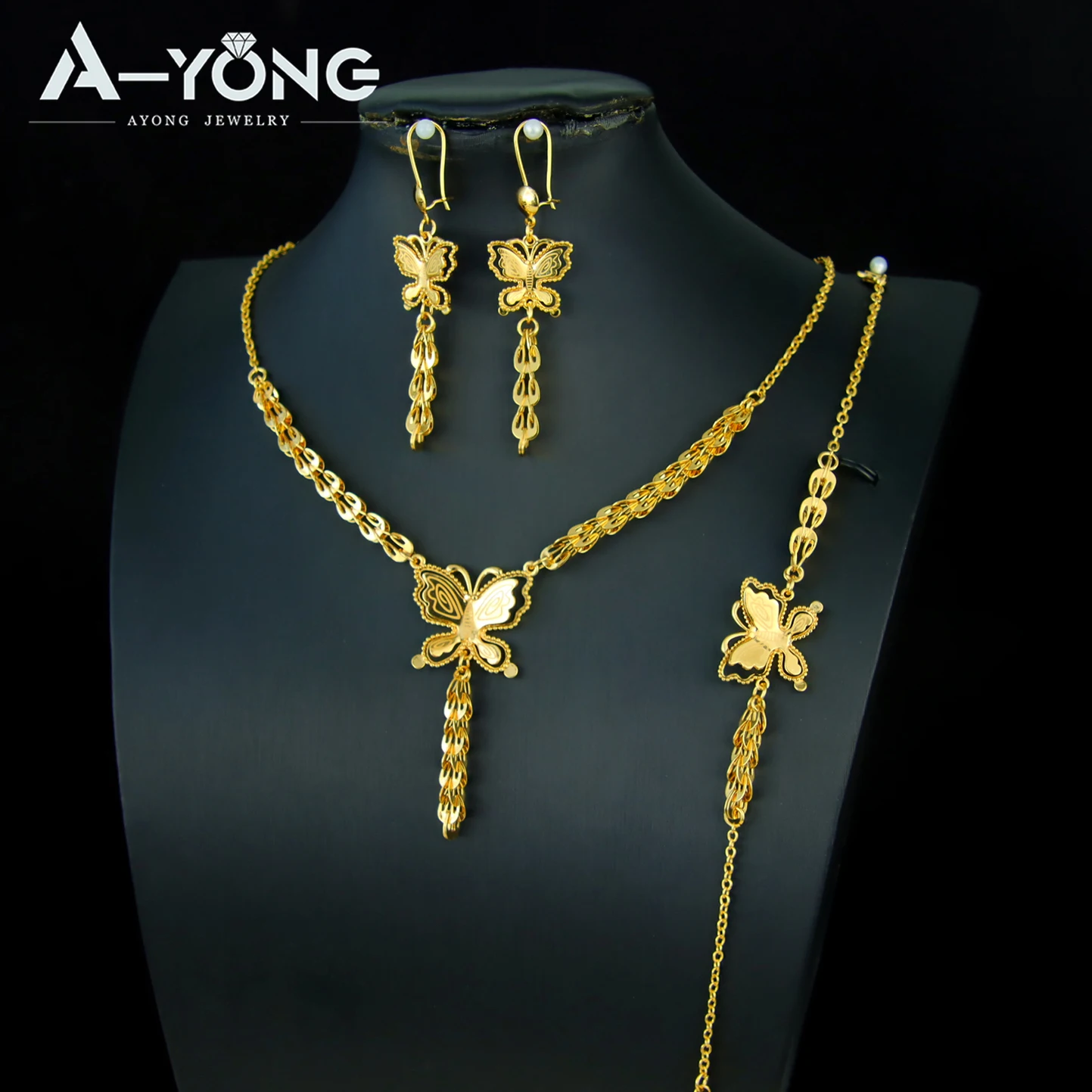 Fashion Gold Color Butterfly Necklace Set 21k Gold Plated Arabic Tassel Pendants Dubai Women Wedding Party Ramadan Jewelry