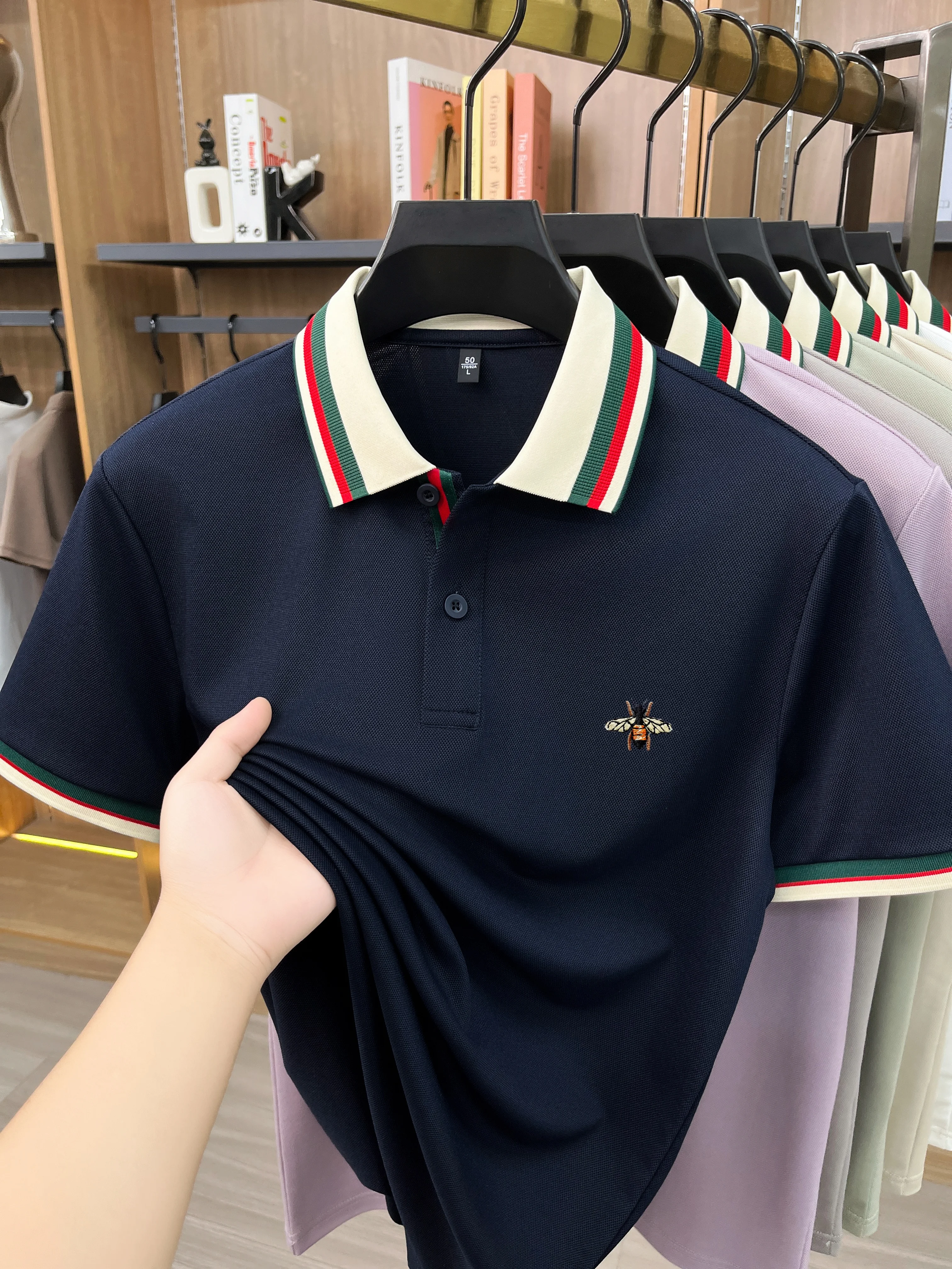High-End Seide Baumwolle Kurzarm Herren POLO Shirt Sommer Mode Marke Boutique Bienen Stickerei Freizeit Business Flip-up T-Shirt – Detail 20