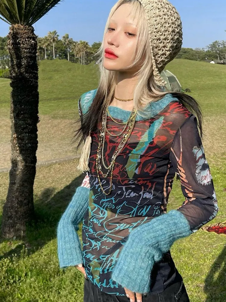 Print Y2k Accessories Crop Top Women Clothes Long Sleeves Graphic T Shirt O-neck Gothic Aesthetic Tshirt Pullover Ropa De Mujer