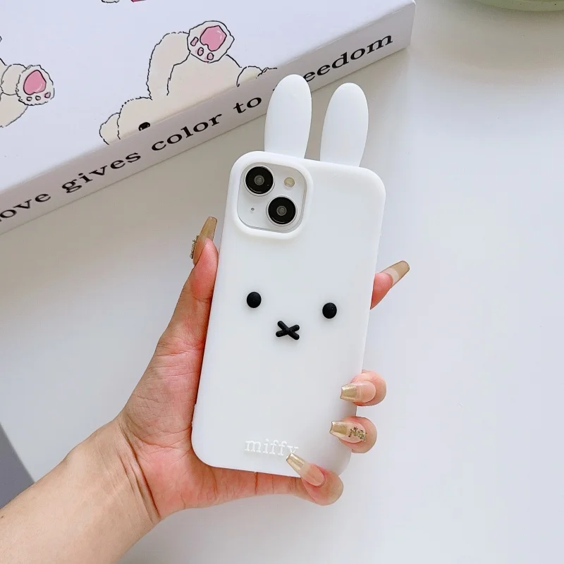 Luksusowe, urocze, różowo-białe silikonowe etui na telefon z Miffy dla iPhone 12 13 14 15 16 17 Pro Max, zabawne, kreskówkowe etui z Miffy z długimi uszami. — zdjęcie produktu 4