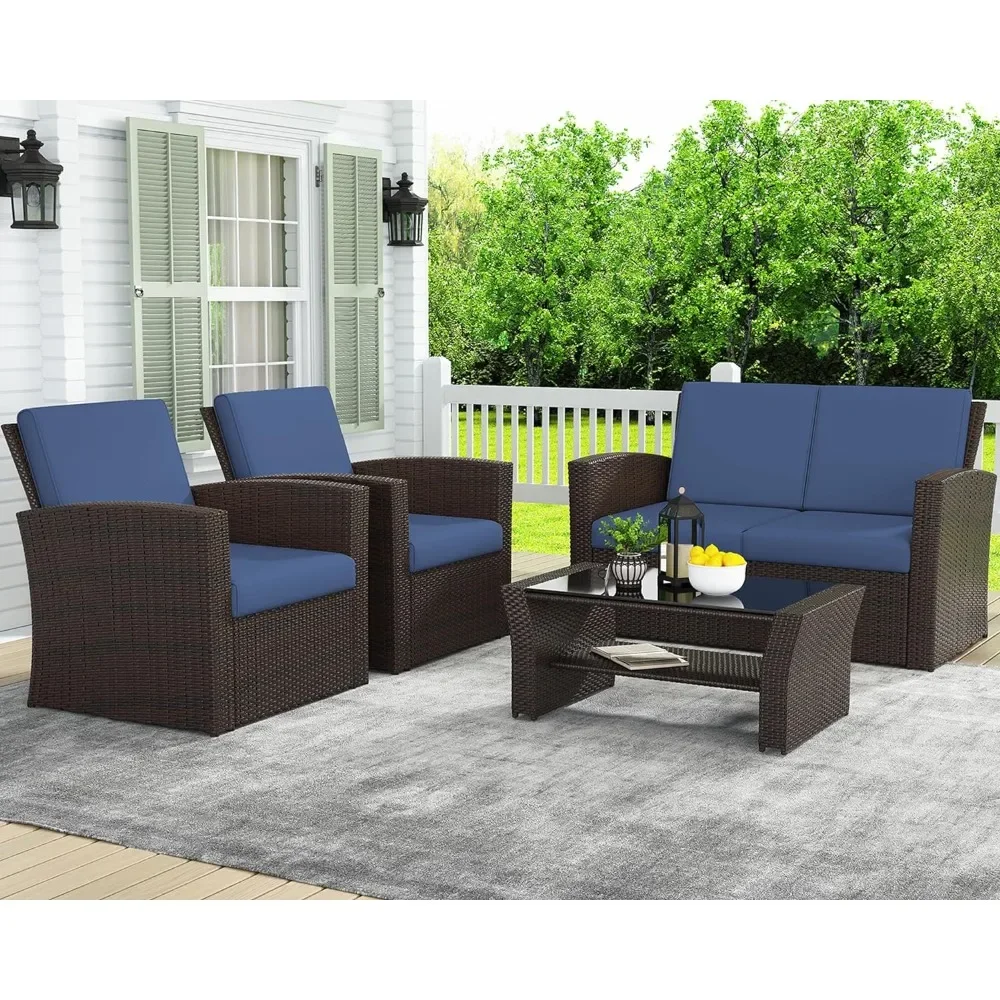 4 Piece Outdoor Patio Furniture Sets Wicker Conversation Sets Rattan Sofa Chair With Cushion for Backyard Lawn Garden Set