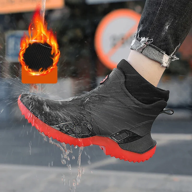 Unisex Ankle Rain Boots Waterproof Fixed Plush Lined Warm Garden Shoes Non Slip Outdoor Car Wash Boots Beige Black 36-45