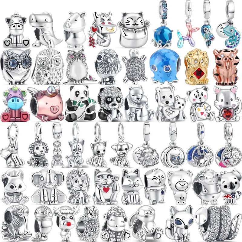 

925 Silver Animal Charm Cat Dog Unicorn Rabbit Sheep Owl Bear Panda Snake Lovely Beads Fit Original Pandora Bracelet DIY Jewelry