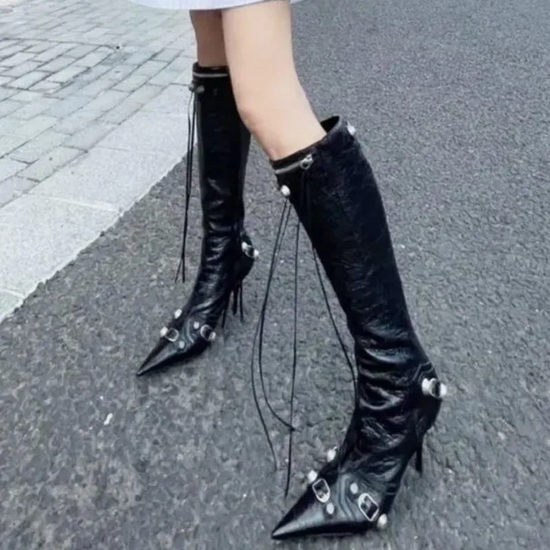 New 2024 Women\'s Sexy High Heels Long Boots Pointed Toe Tassel Design Long Boots Female Metal Nails Spicy Girl Motorcycle Boots