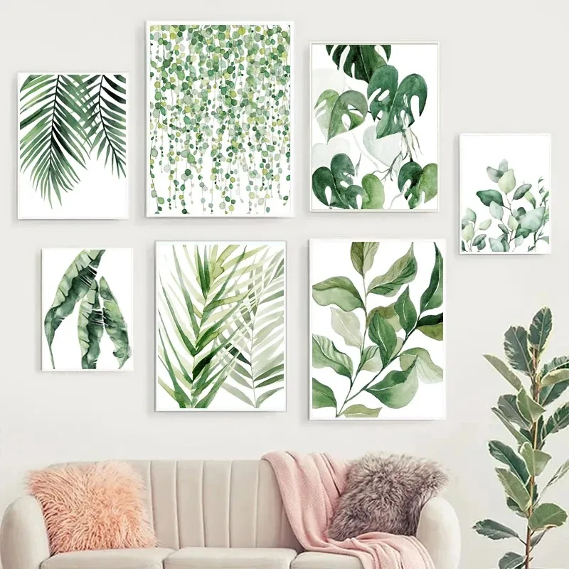 Modern  Style Spring Green Art Poster Plant Leaf Palm Watercolor Wall Art Picture Canvas Print Living Room Home Decor
