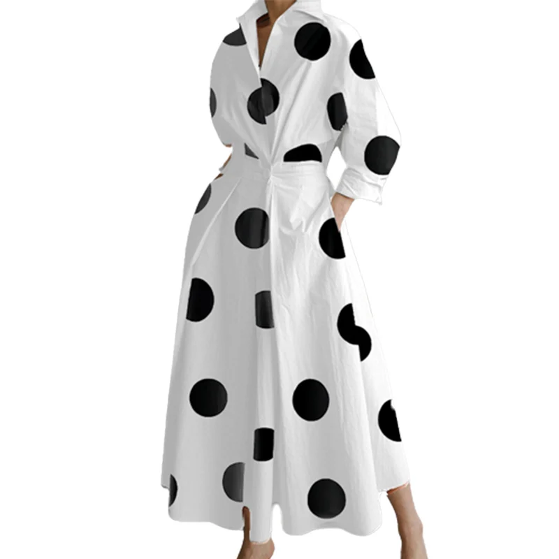 Women Half Open Button Splicing Shrink Waist Dresses  Elegant Print Nine-quarter Sleeve Dressy Female Daily Autumn Commuter Gown