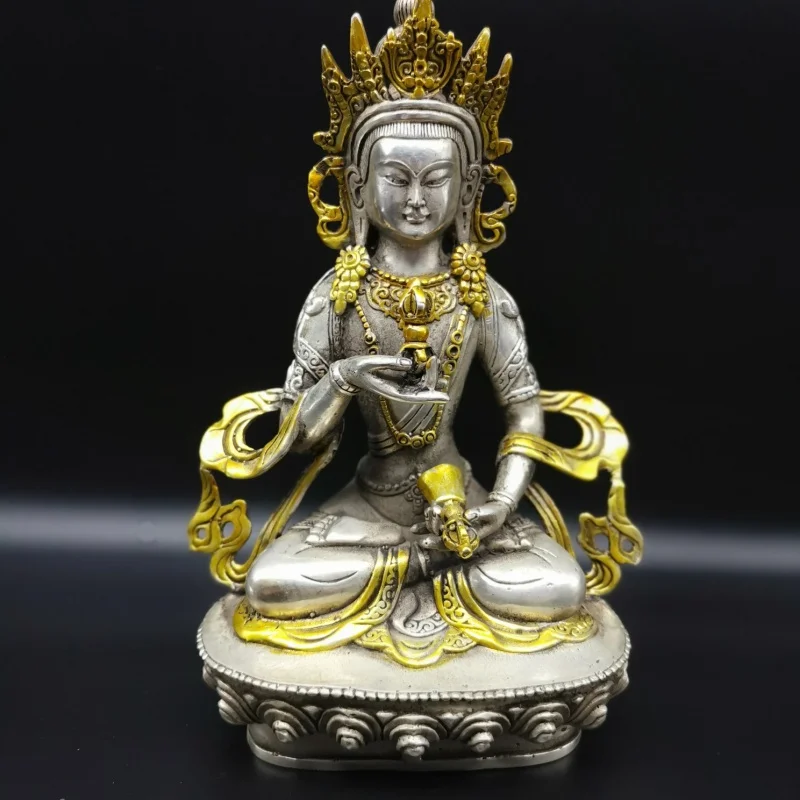 

China old feng shui ornaments white copper gild silver guanyin statue