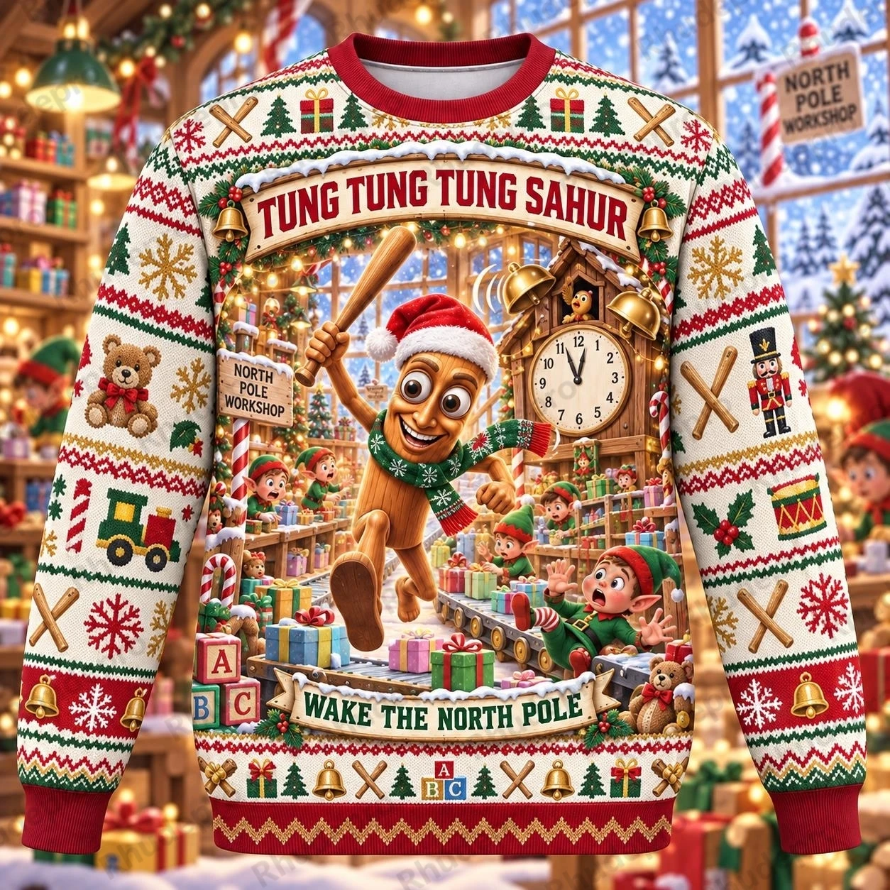 Ugly Christmas Sweater Tung Tung Tung Sahur Crewneck Sweatshirt Polyester 3D Print North Pole Holiday Pullover Gift