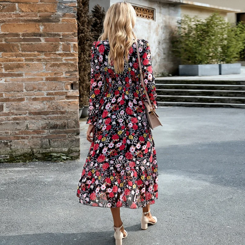 Vestido estampado DY com temperamento, elegante, estação independente, outono