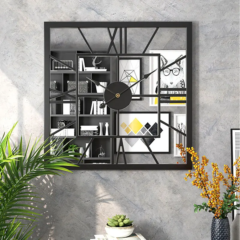 

American retro creative mirror wall clock living room large square minimalist art clock mirror metal wall watch