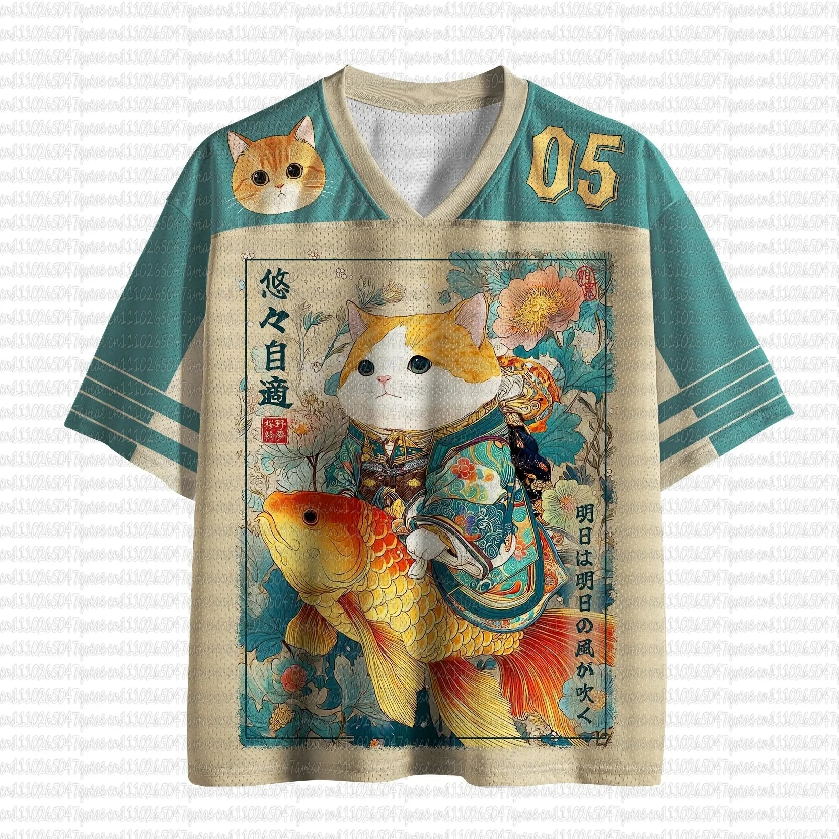 2026 Glückskatze Koi-Fisch 3D V-Ausschnitt T-Shirt mit Retro Japanischer Ästhetik, Übergroße Damen-Trikots, Streetwear-Oberteile
