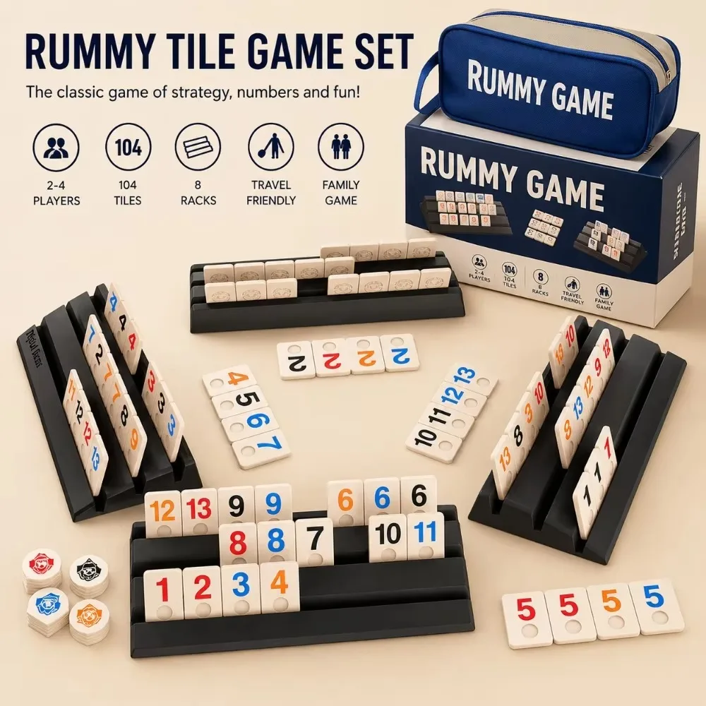 Rummy Game Tile Set 2-4 Players 104 Tiles Portable Storage Bag Classic Family Strategy Board Game Travel Party Number Game Gifts