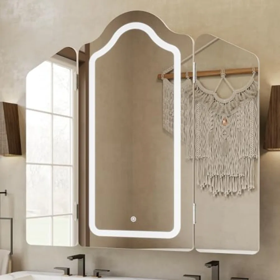 Armario de baño con espejo LED de tres pliegues, montado en la pared o empotrado, con luces integradas, espejo y estantes ajustables A