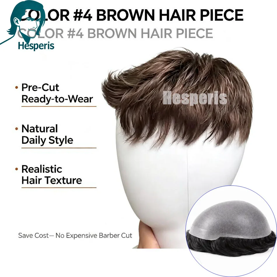 Hesperis #4 Brown Pre Cut PU Men Toupee Full Thickness Skin Indian Human Hair Men's Capillary Prothesis 130% Density Wig Man
