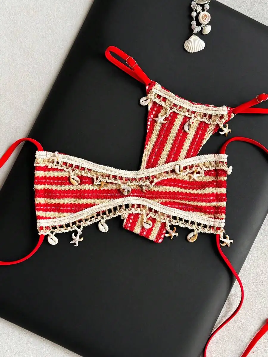 

Red And Beige Striped Crochet Beach Bikini Set With Shell Embellishments