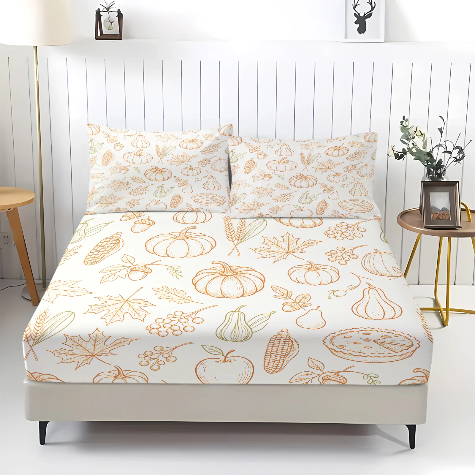 Autumn Harvest Line Drawing Fitted Sheet Set Thanksgiving Pumpkin Maple Leaf Corn Print Elastic Mattress Cover with Pillowcases