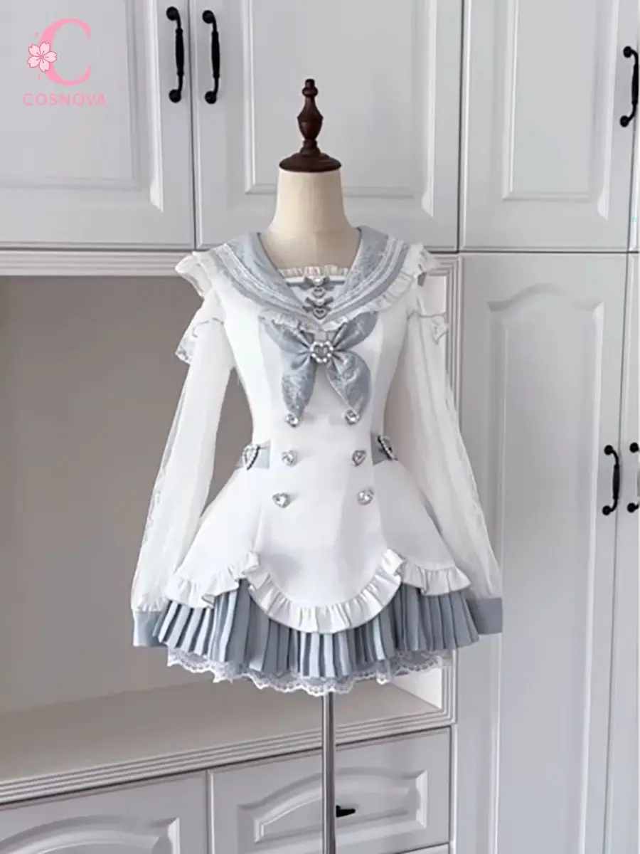 Sweet Lolita Japan Vintage Dress Women Bow Lace Trim Sailor Collar Rhinestone Long Sleeve Slim Fit Mini Dress Tea Party Outfit