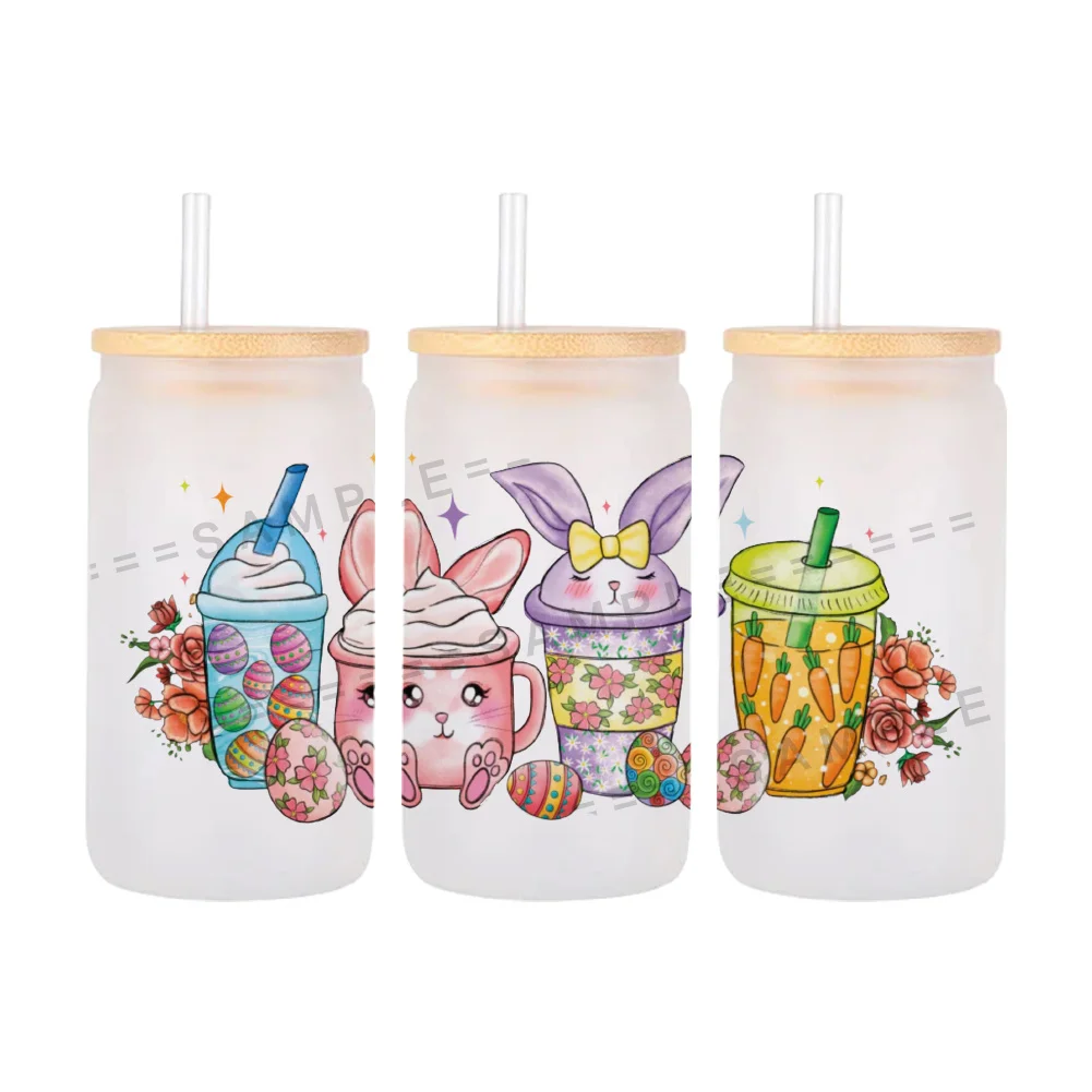 11x24cm Cartoon Rabbit Easter Happy For Libbey 16oz Can Glass 3D Waterproof UV DTF Coffee Can Wrap Libbey Glass Wrap