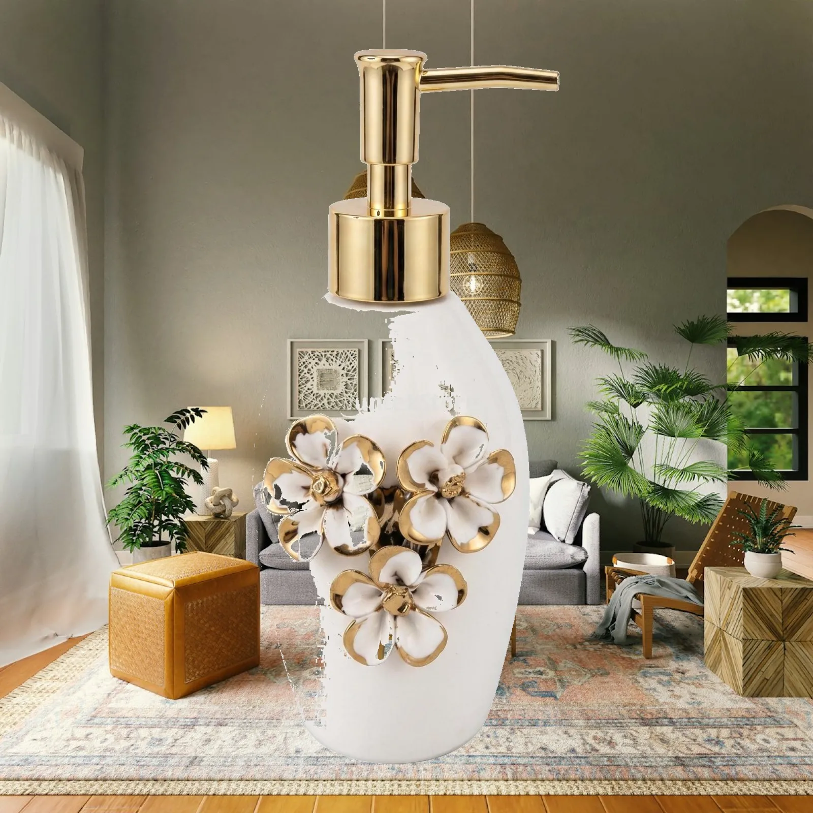 Round Ceramic Soap Dispenser with Glossy White Body and Gold Pump for Bathroom Vanity Shower Gel Storage Holder