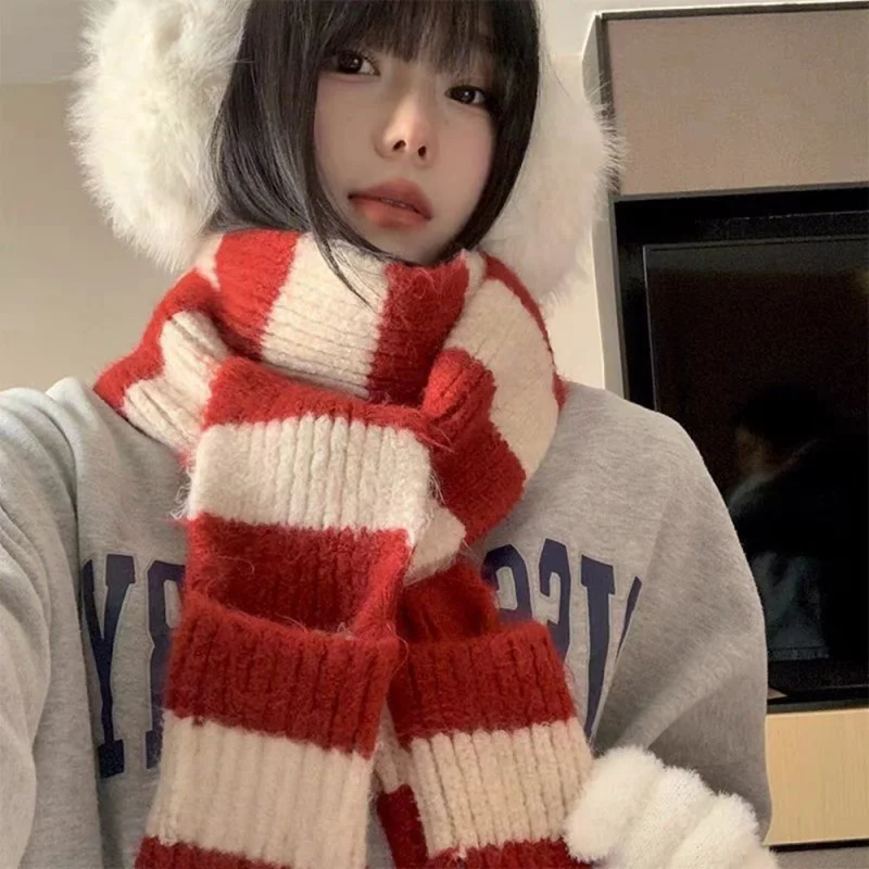 

New Y2K Women'S Striped Scarf Soft Wool Knitted Scarf Korean Winter Warm Long Scarves Girl Decorative Scarf Fashion Neckerchief