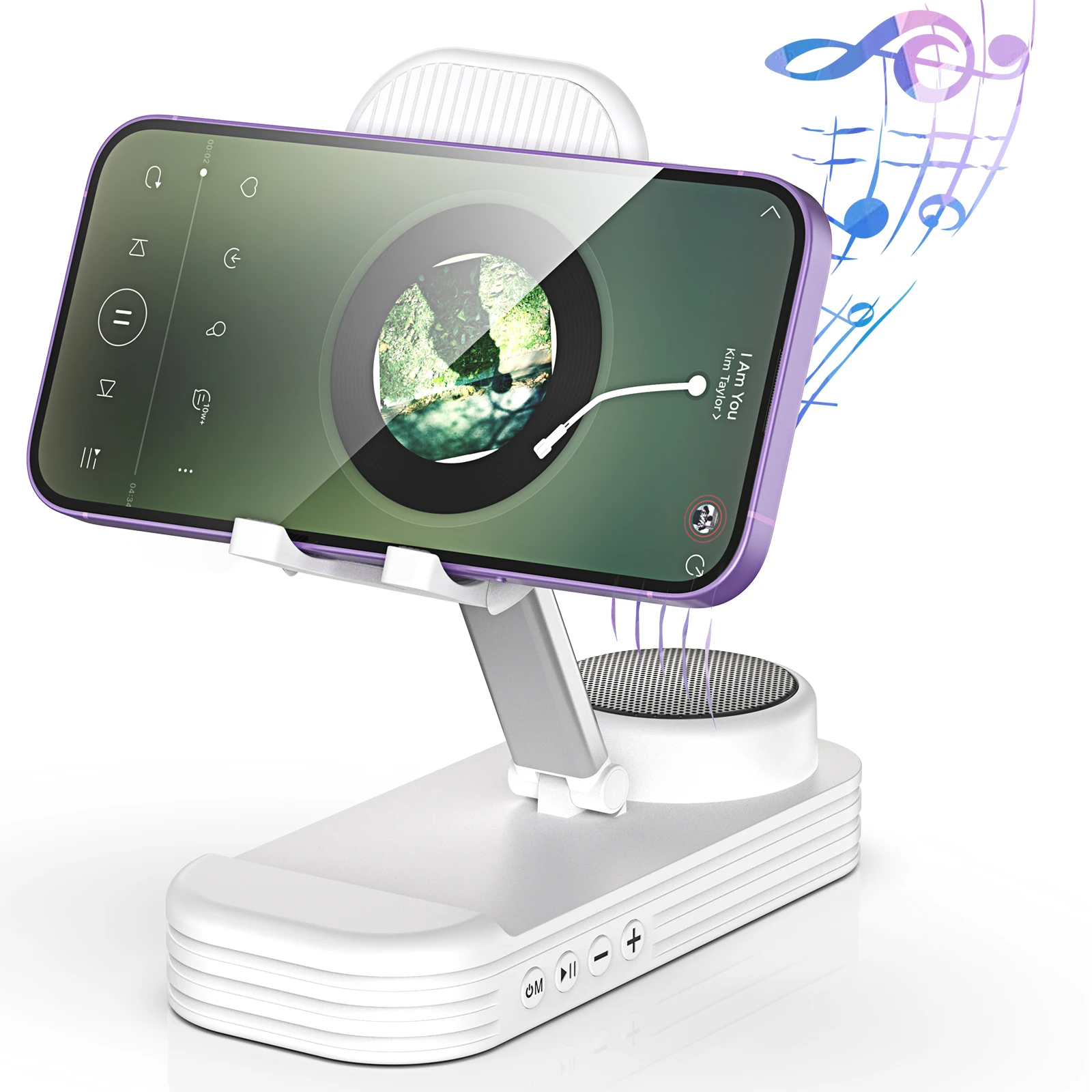 

JOCEEY Cell Phone Stand with Wireless Bluetooth Speakers,Angle Adjustable Strong Pedestal Phone Stand for Desk,HD Sound and Bass