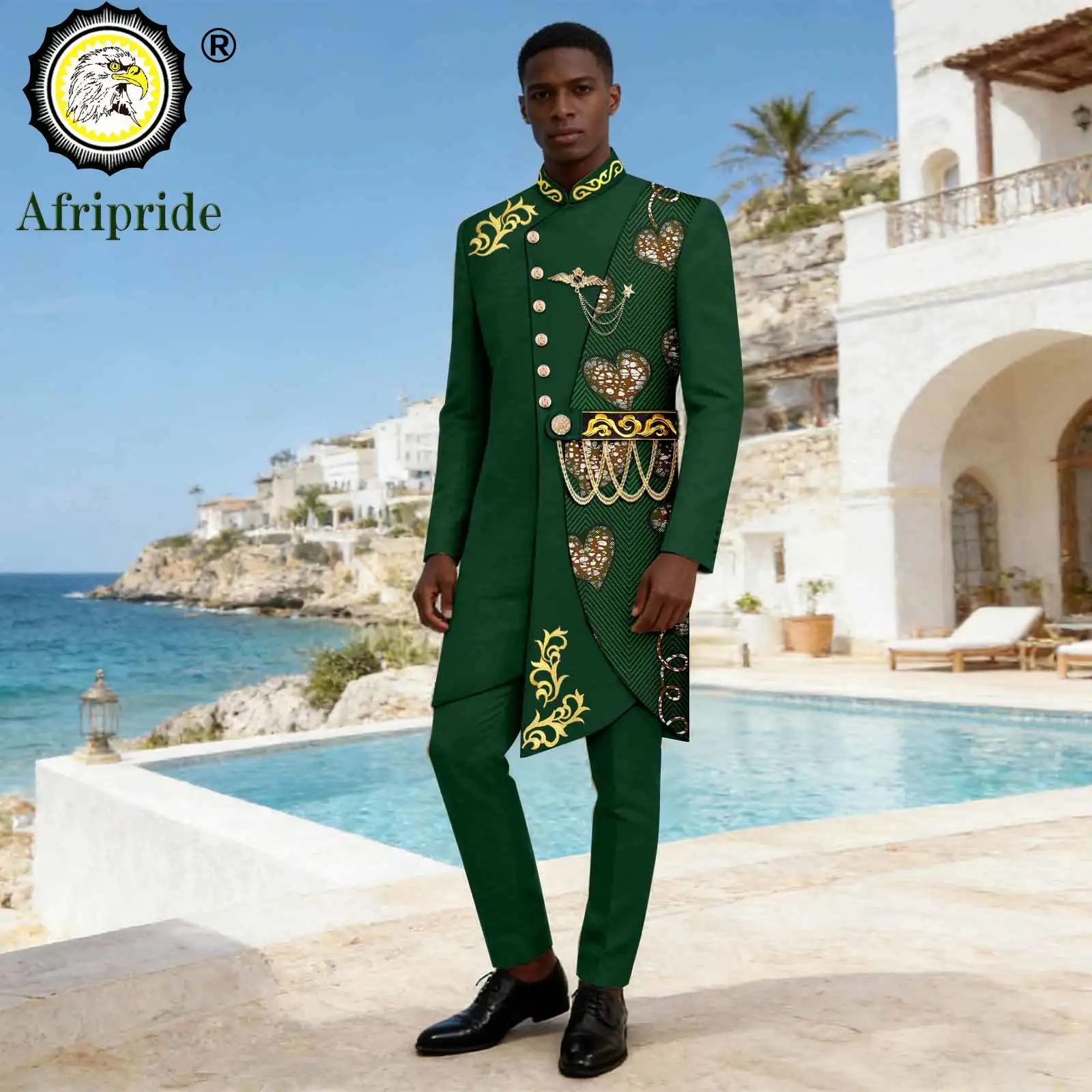 Men`s Business Suits Single Breasted Brooch Gold Chain Blazer and Trousers Set African Clothes Print Attire Wedding 2616068