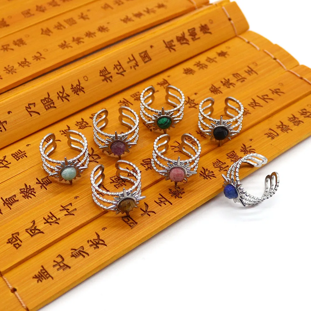 Sun Shape Titanium Steel Opening Adjustable Rings Round Amethyst Lapis Lazuli Amazonite Inlaid Finger Jewelry 1 Pc/pack 10x20mm