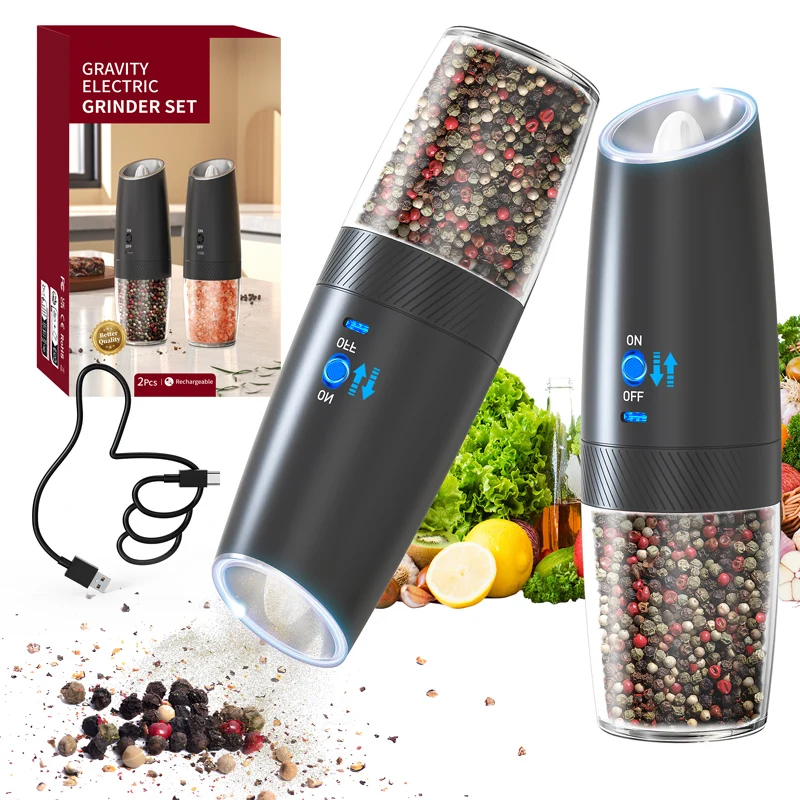 1pc/2pcs MINI USB Rechargeable Automatic Pepper Grinder Adjustable Coarseness Salt And Pepper Mill for Kitchen Spice Grinder