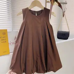 2023 Summer New Arrival Girls Sleeveless O Neck Beige Coffee Color Solid Roupa Infantil Menina Cute Party Dress Custume 12M-7T