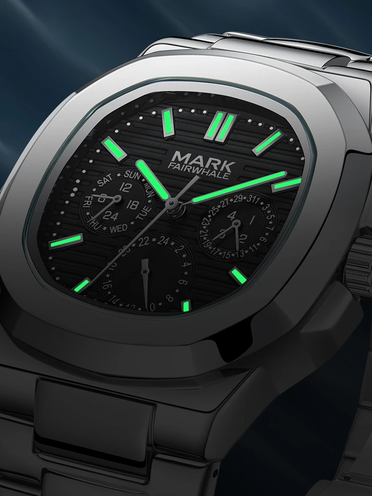 마크 페어웨일 남성 쿼츠 시계 43mm 사각 손목시계 30M 방수 발광 주간 날짜 24시간 표시