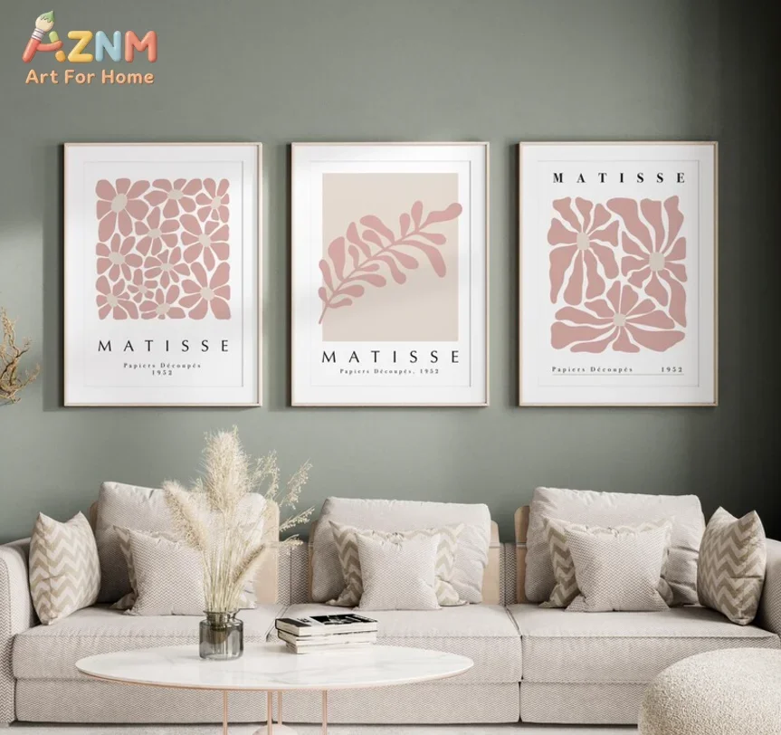 [2D Flat]1/3Pcs Canvas Poster(No Frame!!!) Matisse Cutouts Print Wall Art, Pink Floral & Leaf Design Decor for Boho Bedroom