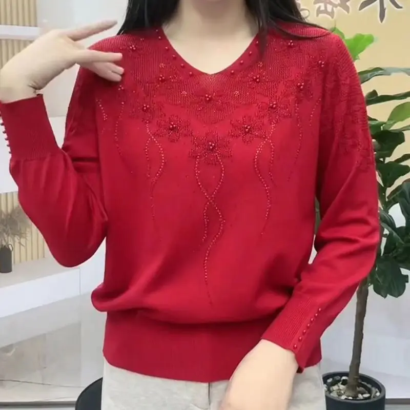 Women Stylish Rhinestone Beaded Hollow Knitted Sweater Elegant V Neck Long Sleeve Loose Pullover Tops Casual Solid Basic Jumpers