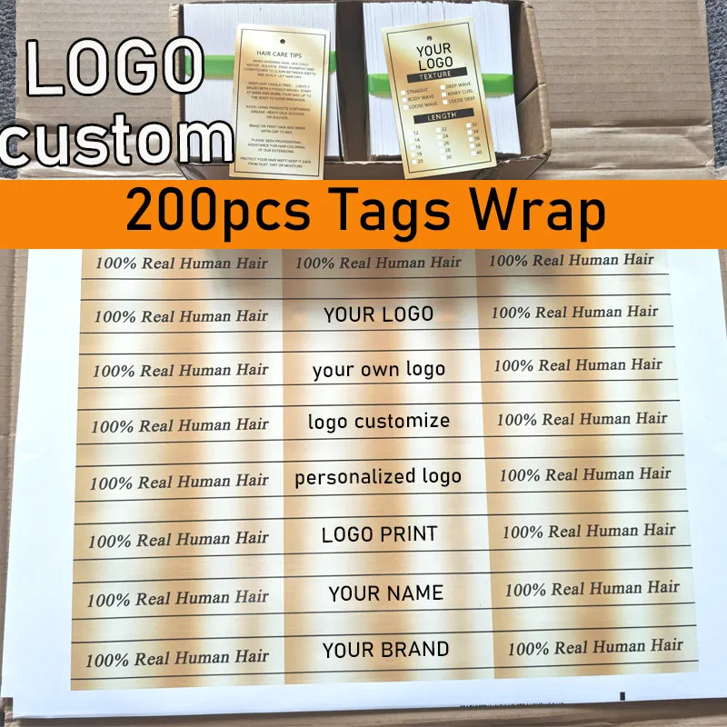 LOGO Custom Wig Labels Tags 200Pcs Hair Tags Wrap For Bundles 9x5cm Wig Tags 12x3cm Self-Adhesive Stickers To Wrap Hair Bundles