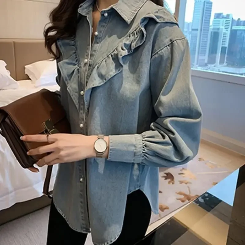 Korean Vintage Solid Color Denim Blouse for Female Spring Autumn Long Sleeve Fashion Ruffles Spliced Shirt Women\'s Clothing New